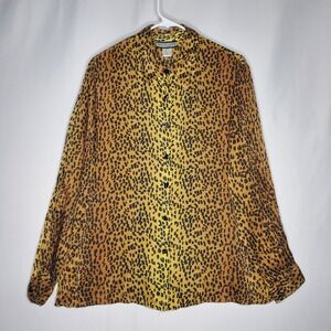 Notations Woman Silk Button Blouse 16W Leopard Gold Black Long Sleeve Collar‎